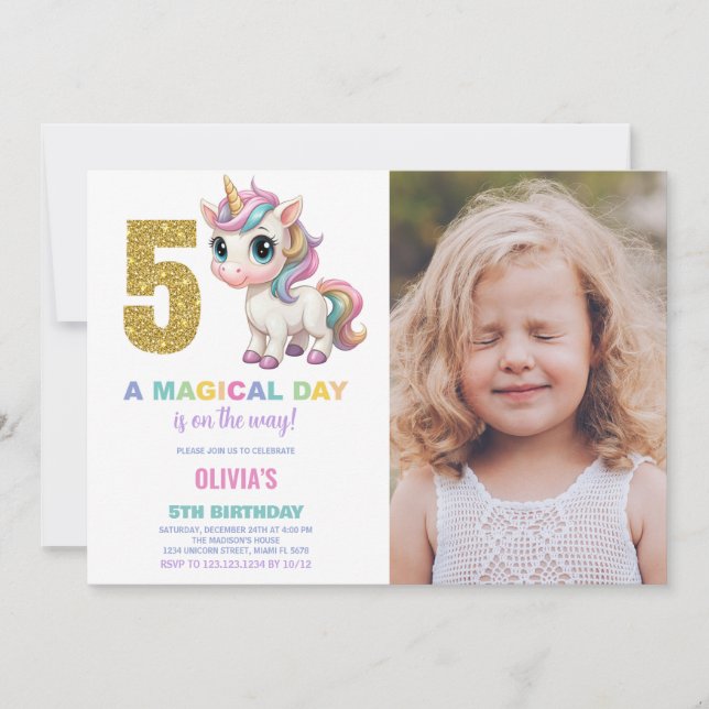 5:e födelsedag Unicorn Birthday-inbjudan med foto Inbjudningar (Framsida)