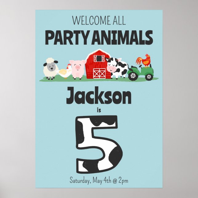 5:e födelsedag Välkomna Party Animals Farm Poster (Framsidan)