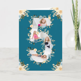 5:e födelsedagen Fotokollage Blue Gult Flower Teal Kort