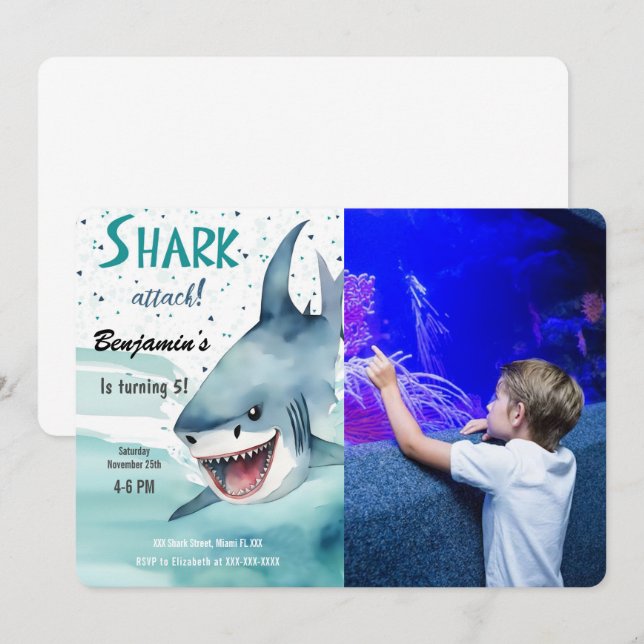 5:e Födelsedagsfesten Shark Photo Inbjudningar (Fram/baksida)