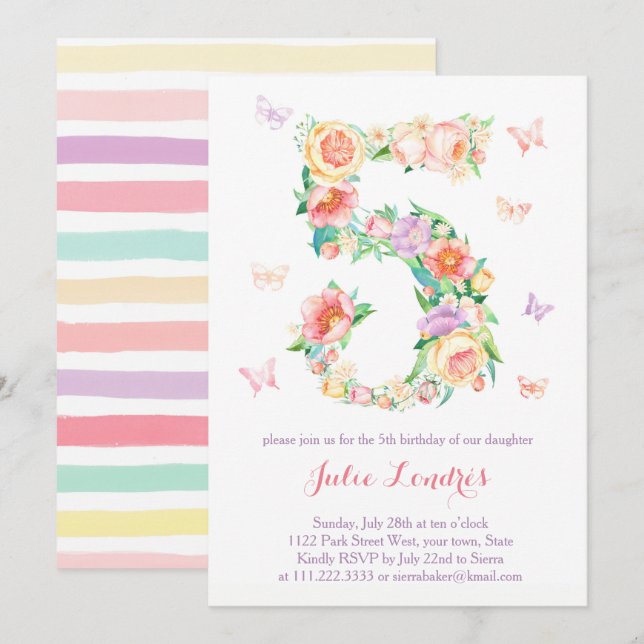 5:e födelsedagsinbjudan till flicka med fjärilar inbjudningar (Fram/baksida)