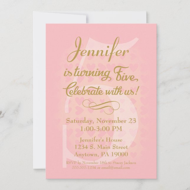 5:e födelsedagsinbjudan till flickor Rosa Guld Hea Inbjudningar (Framsida)