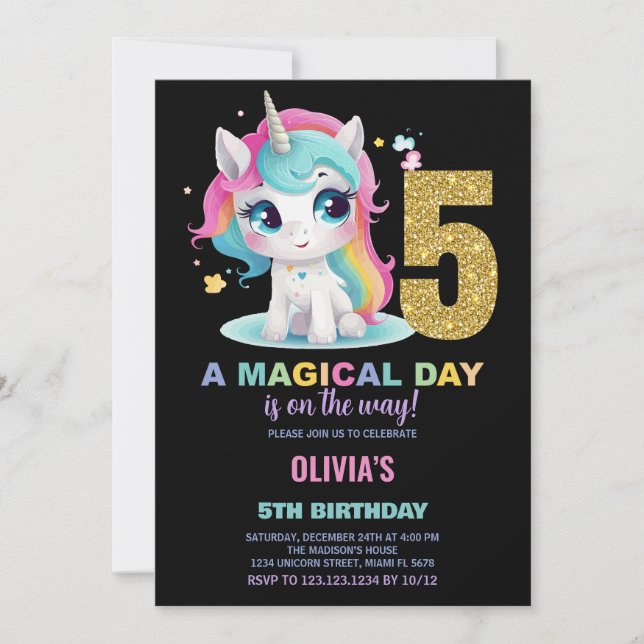 5:e födelsedagsinbjudan till Unicorn Birthday Inbjudningar (Framsida)