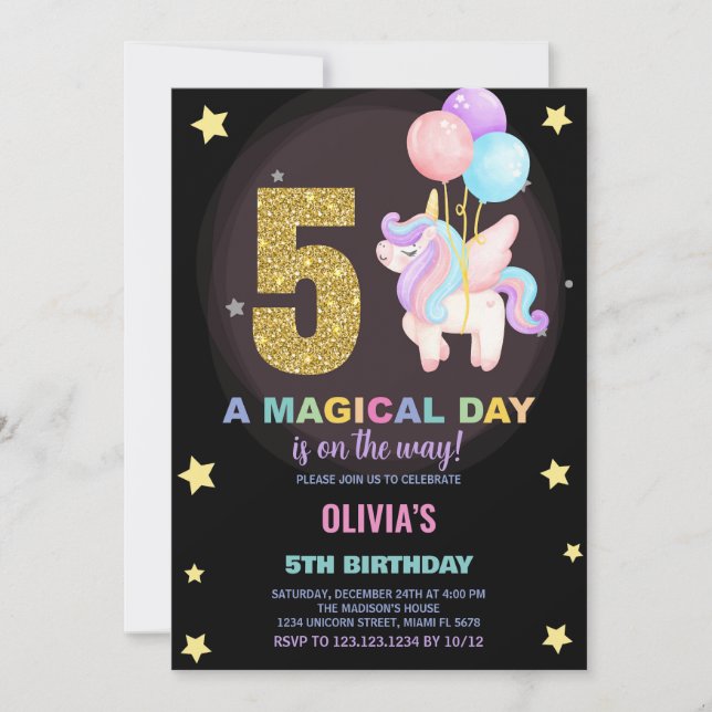 5:e födelsedagsinbjudan till Unicorn Birthday Inbjudningar (Framsida)