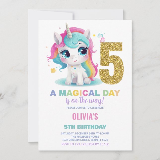 5:e födelsedagsinbjudan till Unicorn Birthday Inbjudningar (Framsida)
