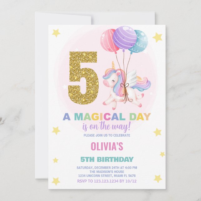 5:e födelsedagsinbjudan till Unicorn Birthday Inbjudningar (Framsida)