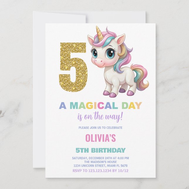 5:e födelsedagsinbjudan till Unicorn Birthday Inbjudningar (Framsida)