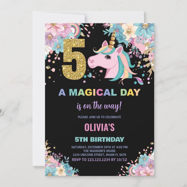 5:e födelsedagsinbjudan till Unicorn Birthday Inbjudningar (Framsida)