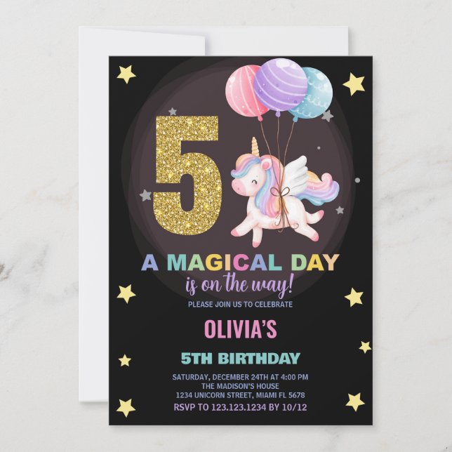 5:e födelsedagsinbjudan till Unicorn Birthday Inbjudningar (Framsida)