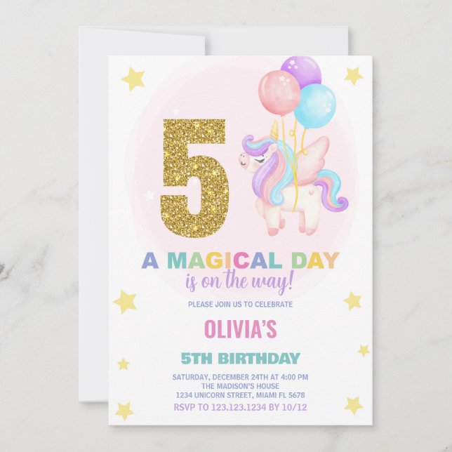 5:e födelsedagsinbjudan till Unicorn Birthday Inbjudningar (Framsida)