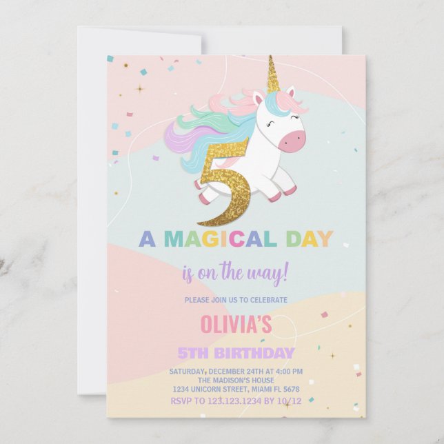 5:e födelsedagsinbjudan till Unicorn Birthday Inbjudningar (Framsida)