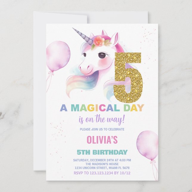 5:e födelsedagsinbjudan till Unicorn Birthday Inbjudningar (Framsida)