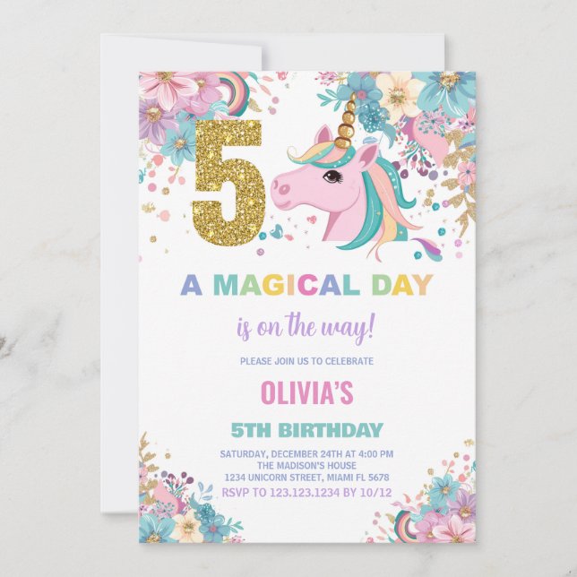 5:e födelsedagsinbjudan till Unicorn Birthday Inbjudningar (Framsida)