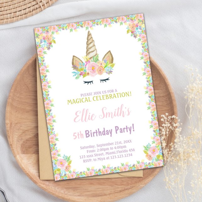 5:e födelsedagsinbjudan till Unicorn Inbjudningar (5th Birthday Unicorn Invitations)