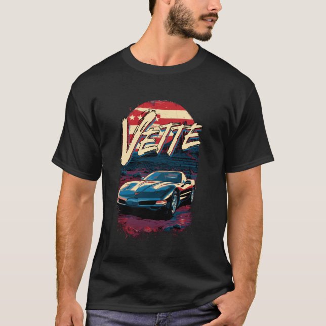5:e generalen Vette Car Patriotic American Flagga  T Shirt (Framsida)