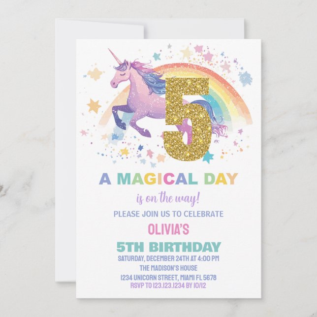 5:e inbjudan till Unicorn Birthday (Framsida)