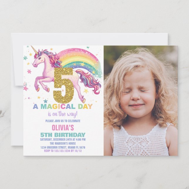 5:e inbjudan till Unicorn Birthday med bild (Framsida)
