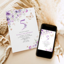 5:e Lila Lilac Butterflies-födelsedagsinbjudan