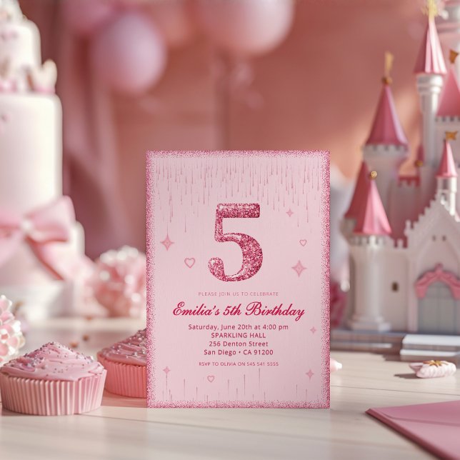 5:e Pink Glitter Födelsedag | Gnistrande Glitter Inbjudningar (Skapare uppladdad)
