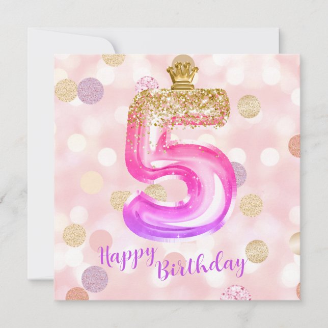 5:e Pink Purpur Guld Födelsedagsflicka Kort (Framsida)
