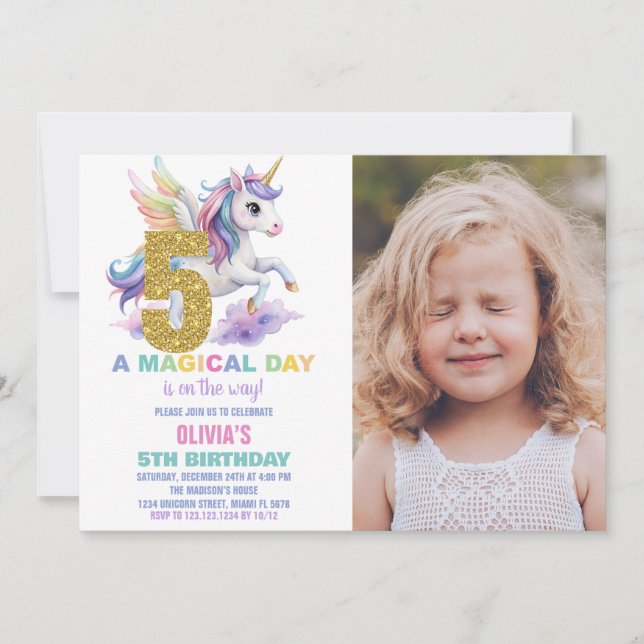 5:e regnbåge, Unicorn Birthday-inbjudan med foto Inbjudningar (Framsida)