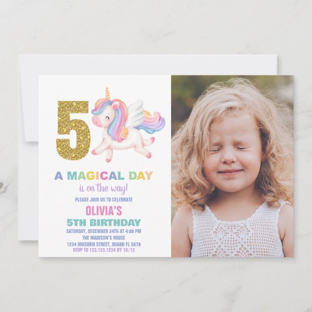 5:e regnbåge, Unicorn Birthday-inbjudan med foto Inbjudningar (Framsida)