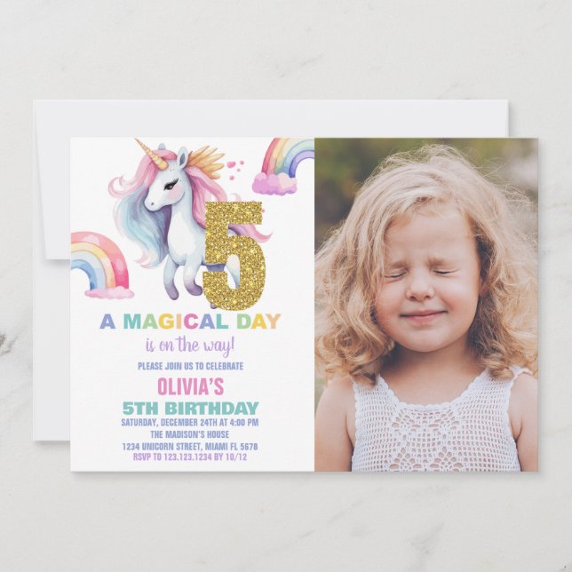 5:e regnbåge, Unicorn Birthday-inbjudan med foto Inbjudningar (Framsida)