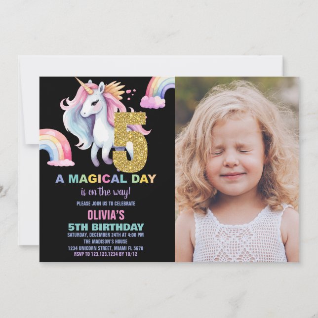 5:e regnbåge, Unicorn Birthday-inbjudan med foto Inbjudningar (Framsida)