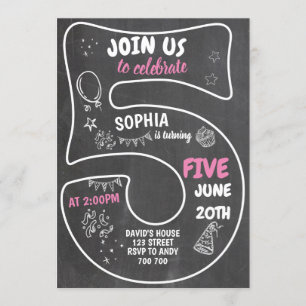 5:e Rosa för Birthday Chalkboard Inbjudningar