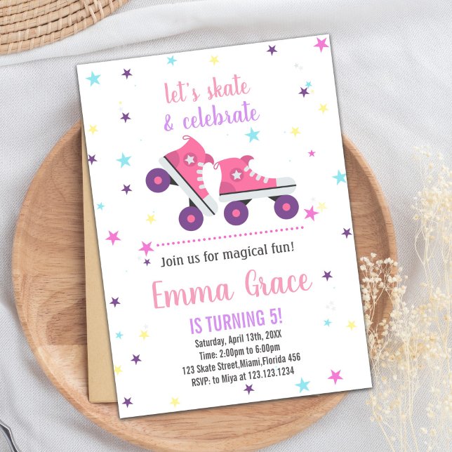 5:e Rosa Lila Skating Birthday-inbjudan Inbjudningar (5th Pink Purple Skating Birthday Invitations)