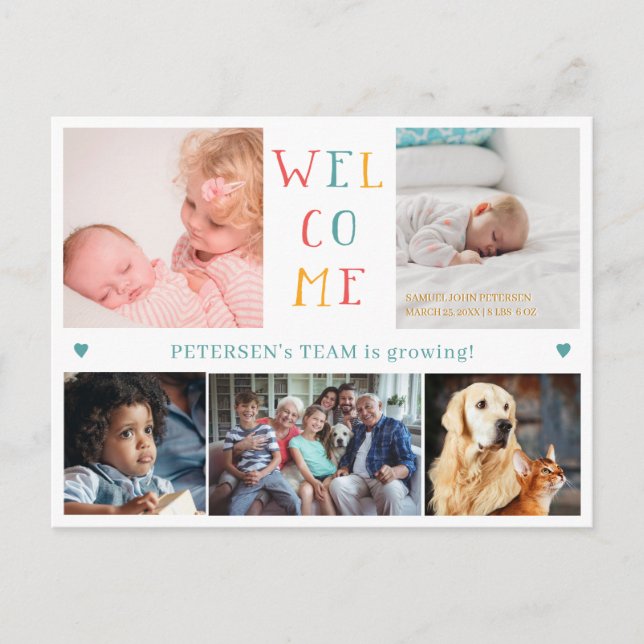 5 familjefoto collage VÄLKOMMEN ny baby födsel Meddelande Vykort (Framsida)
