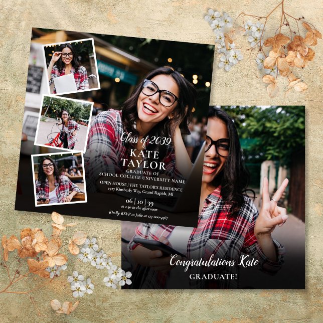 5 Fot Collage Studentfest Square Inbjudningar (5 Photo Collage Graduation Party Square Invitation)