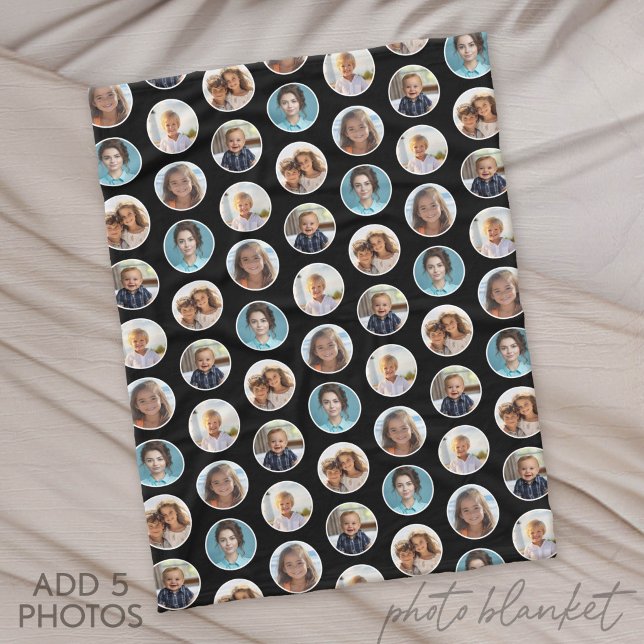 5 Foto Cirkulär Rand Collage - Svart Vitt Fleecefilt (Custom Photo Blanket)