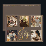 5 foto Collage Glädje Guld Jul Xmas Högtid Julkort<br><div class="desc">“Glädje” i en festlig falsk guld färg. Unik brun chic bakgrund. Lägg till dina favorit familjebilder för att personifiera. Lägg till ditt personliga meddelande på baksidan av kortet. Ändra året på baksidan av kortet. Elegant. Så enkelt,  men chic.</div>