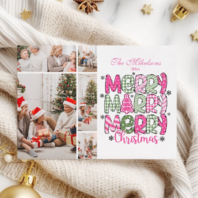  5 Foto Rosa Grön God Jul Högtid Julkort (Skapare uppladdad)