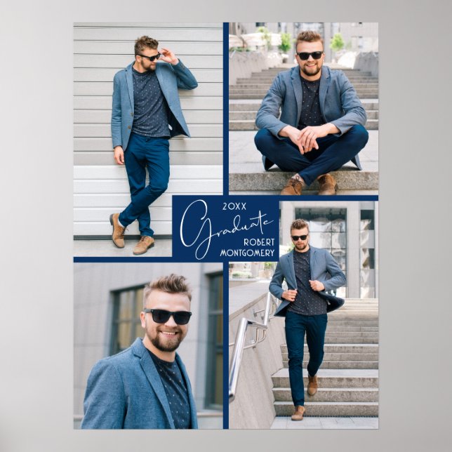 5 Fotocollage Blå examensfest välkomstskylt Poster (Framsidan)