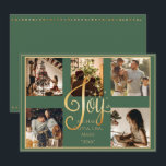 5 fotocollage Glädje Guld Xmas jul semester Julkort<br><div class="desc">“Glädje” i vacker falsk guldskrift.  Säsongsbetonat grön bakgrund.  Lägg till dina favoritfamiljefoton för att anpassa.  Ändra namnen och året,  ditt namn och ett vackert julkort.  Elegant.  Så enkelt,  men ändå chic.</div>