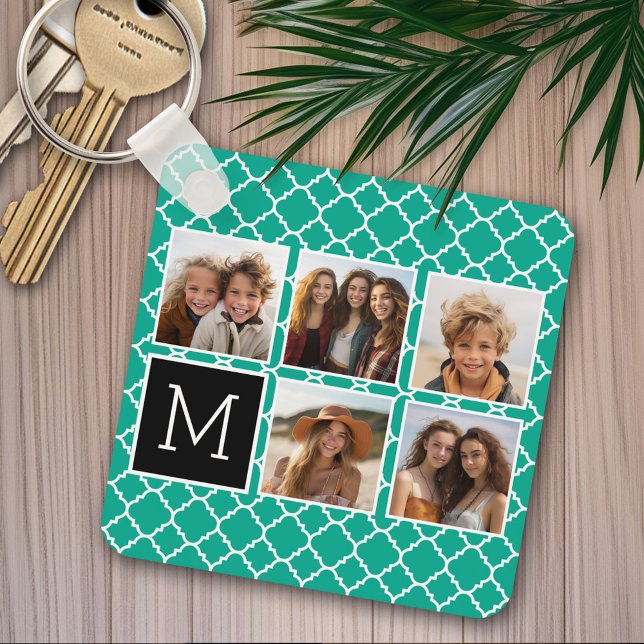 5 Fotocollage Monogram - Smaragdgrön och Svart Nyckelring (Personalized keychain - Photo Collage)