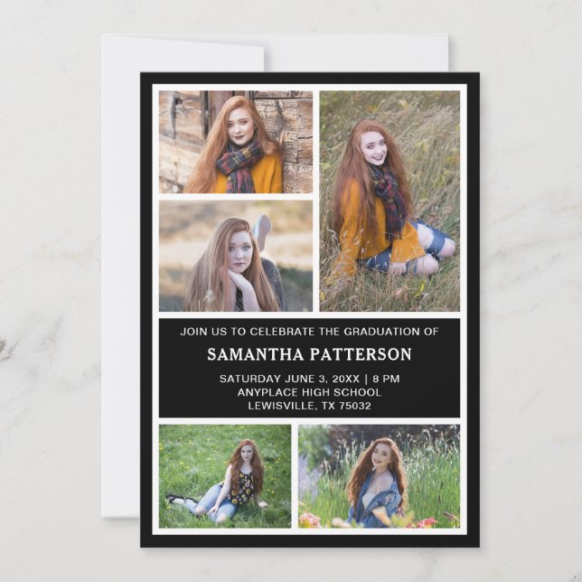  5 Fotocollage Svart & Vitt Examen  Inbjudningar (Framsida)