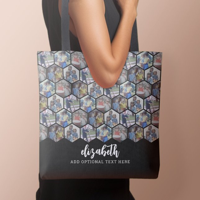 5 Fotokollage - funky hexagon mönster - svart Tygkasse (Personalized tote bag with photo and text)