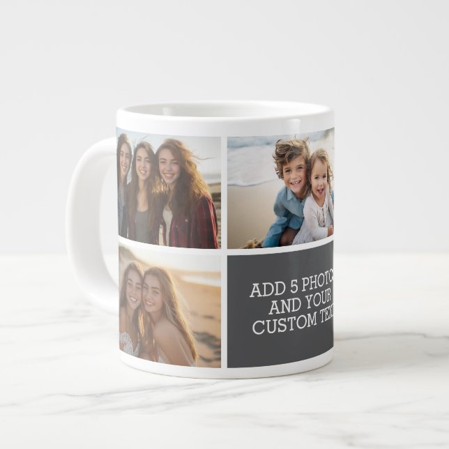 5 Fotokollage med text - Minimalt grått vitt Jumbo Mugg (Framsida vänster)