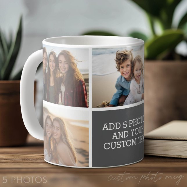 5 Fotokollage med text - Minimalt grått vitt Kaffemugg (Custom Photo Mug with 5 Photos)