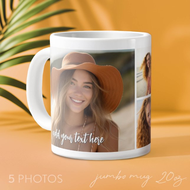 5 Fotokollage - Mod Minimal med skripttext Jumbo Mugg (Photo Mug - add 5 photos to make a personal gift)