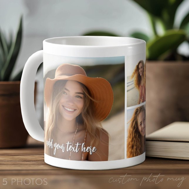 5 Fotokollage - Mod Minimal med skripttext Kaffemugg (Custom Photo Mug with 5 Photos)