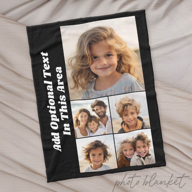 5 Fotokollage Valfri text - kan redigera svart Fleecefilt (Custom Photo Blanket)