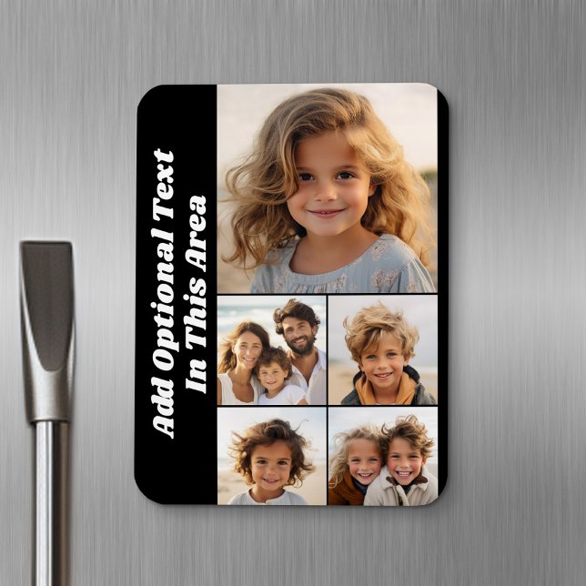 5 Fotokollage Valfri text - kan redigera svart Magnet (Personalized fridge magnet - add photos and custom text)
