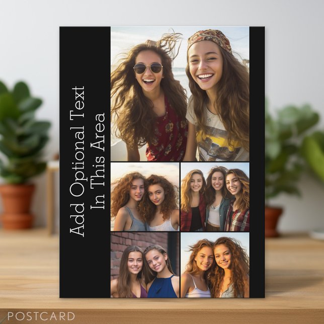 5 Fotokollage Valfri text - kan redigera svart Vykort (Personalized Photo Postcard)