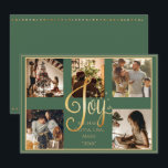 5 foton Collage Glädje Guld Xmas Jul Högtid Julkort<br><div class="desc">“Glädje” i vacker falsk guldskrift. Säsongsbetonad grön bakgrund.  Lägg till dina favoritbilder för att anpassa.  Ändra namnen och året,  ditt namn och ett vackert julkort.  Elegant.  Så enkelt,  men ändå chic.</div>