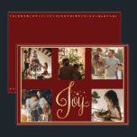 5 foton Collage Glädje Jul Xmas Högtid Julkort<br><div class="desc">“Glädje” i vacker falsk guldskrift. Säsongsbetonat röd bakgrund.  Lägg till dina favoritfoton för att personliggöra.  Ändra namnen och året,  ditt namn och vad ett vackert julkort detta är..  Elegant.  Så enkelt,  men ändå chic.</div>