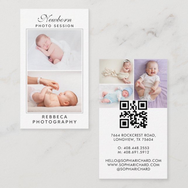 5 Foton, Logotyp QR, nyfödd fotograf av Baby Visitkort (Fram/baksida)